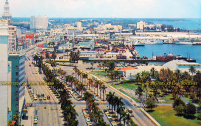 1957 - looking north on Biscayne Boulevard with the Miami News Tower, Bayfront Auditorium and Port of Miami visible