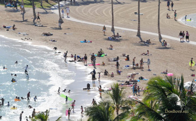 The public beach behind the Hilton Hawaiian Village on Waikiki Beach as seen from our Hale Koa balcony