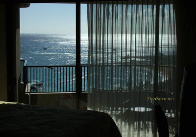 The view of the Pacific and the beach from inside our Hale Koa Hotel room