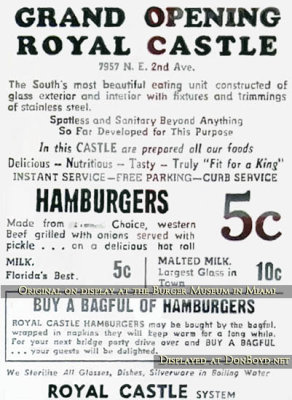 My restored version of a flyer promoting the opening of the first Royal Castle in Little River - Burger Museum