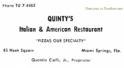 1956 - advertisement in the Hialeah High Record for Quinty's Italian & American Restaurant in Miami Springs