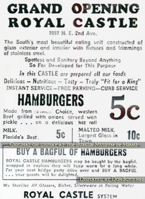 1938 - advertising flyer for the first Royal Castle opening in Little River, Miami