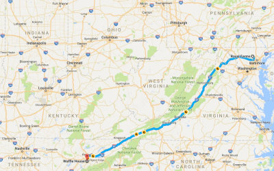 537-mile drive from Royal Farms gas station in Owings Mills, MD, to Waffle House parking lot in Alcoa, TN. Map courtesy Google.