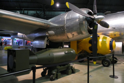 Boeing B-29 Bockscar with demilitarized versions of the Hiroshima Little Boy and Nagasaki Fat Man atomic bombs. (8259)