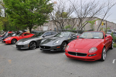 Right to left: Circa 2000 Maserati GT, Ferrari California, 2018 Ferrari GTC4 Lusso, Ferrari California (5748)