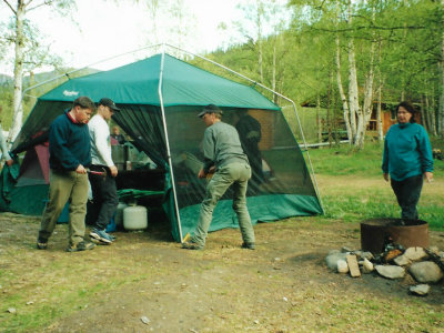 Putting up the cooking tent