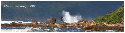A young man taking a risk
to watch the rough seas at the
southern end of Umina Beach