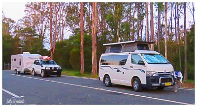 Sally is away 
For about 8 weeks, on a 2000+ Km camping trip
to Central Oz..
Hers is the front van.  She is going with 2 friends 
in the back vehicle and asked me to put up a few posts
for her so you'll know that she hasn't forgotten you.
Hal
