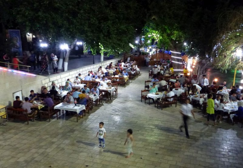 Nighttime at the central square in old town Bukhara