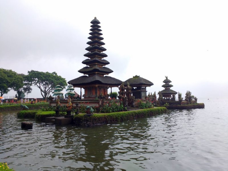 Ulun Danu Bratan Temple on Lake Bratan, as torrential rains started to pour down
