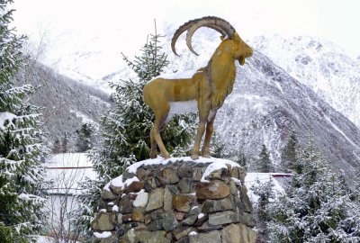Statue of an Ibex.  The Ibex and Snow Leopard can be found in the upper elevations of the mountain range.
