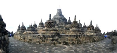 The upper tiers of Borobudur Temple with 72 stupas encircling the center