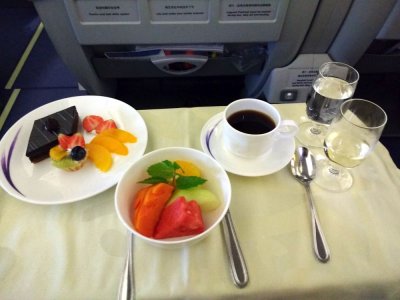 The dessert portion of our Business Class meal, courtesy of a free upgrade by China Airlines :)