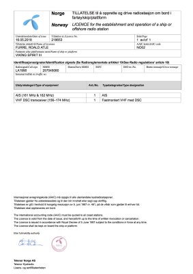 Lisensdokument: LA1990 -MMSI 25 70 45 080