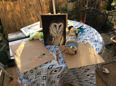 Painting today in garden my nearly finished Owl