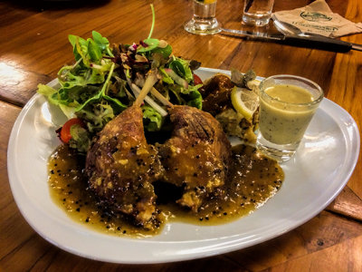 Roasted Duck with Garlic Mashed Potatoes and greens