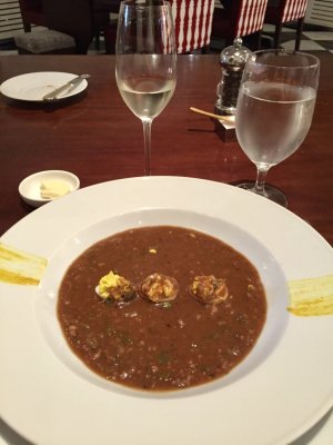 Turtle soup with deviled quail eggs 