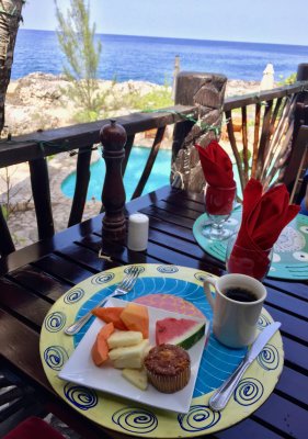 Fresh tripical fruits and Blue Mountain coffee for breakfast