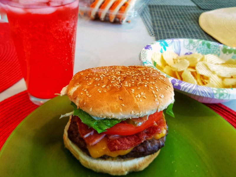 Bacon Cheeseburger with Chips and Fruit Punch