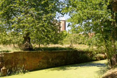 towers of the main building from across the moat