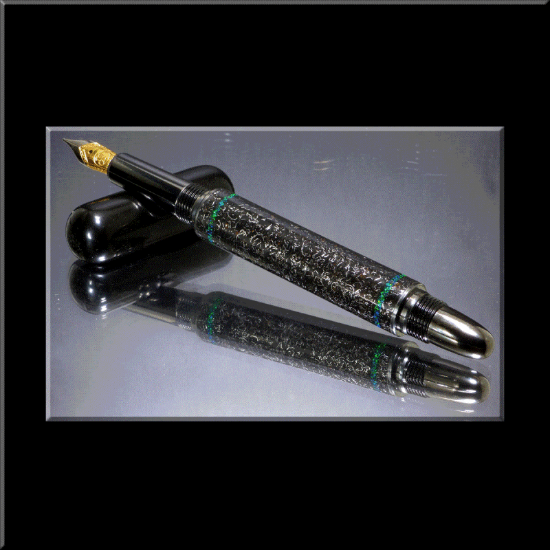 Mount Dooling Meteorite Shavings Blue/Green Opal Bands Fountain Pen Black Titanium Hardware