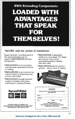 American Handgunner Nov Dec 1980 Issue 26 page 53 Dynamit Nobel RWS Reloading Primers Non corrosive Non Mercuric.jpg