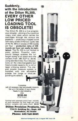 American Handgunner July August 1981 Issue 30  page 57  DILLON RL300  335.00 FOB reloading press.jpg
