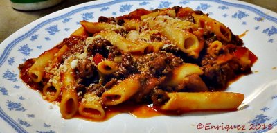 Mostaccioli with meat sauce