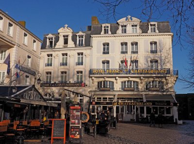 Saint-Malo; a famous restaurant and plaza. 
