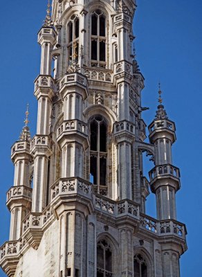 Brussels, la Grand Place; tour detail of the Hotel de Ville. 