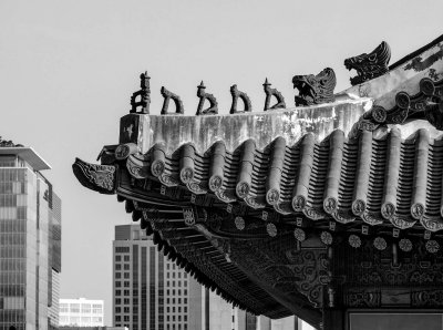 Roof detail; inside the Gyeongbokgung Palace; modern buildings in the background.