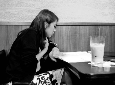 In a bar; she had some hard work, for sure. 