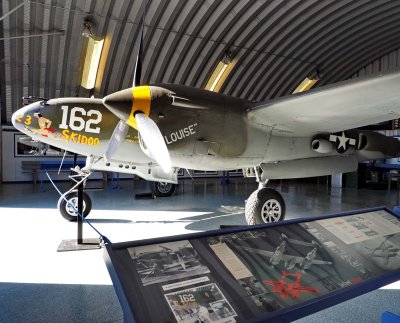 Aircraft P-38, in Chino Museum; see the board for its uncommon shape. 