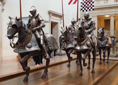 The NY Metropolitan Museum; horses and knights with armors; poor horses.