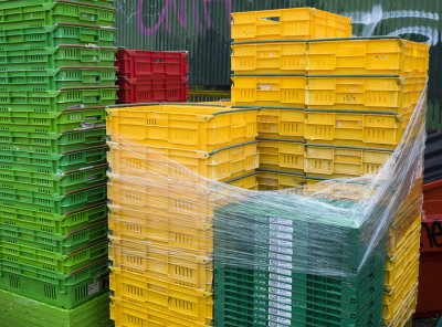 colorful bins at the fruit stand