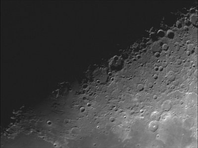 Moon 6.8 days terminator from Hipparchus in centre to Mare Nectaris bottom right, 20millisecs with 200mm reflector fromWest Lond