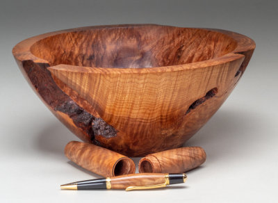 Big Leaf Maple bowl with pen and container made from left over pieces from the bowl.