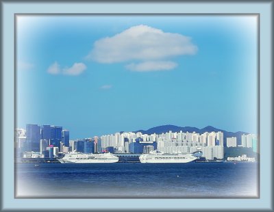 Cruise ships under clouds