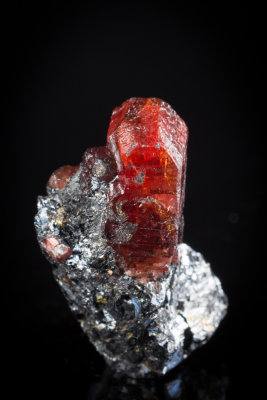 Rhodonite crystal in galena, 27 x 20 x 13 mm, North Mine, Broken Hill, NSW, Australia.