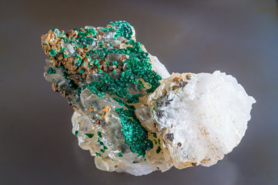 Malachite on Calcite from Breedon Quarry, Breedon on the Hill, Leicestershire, England.