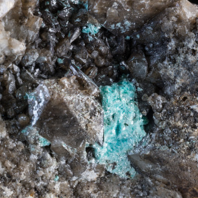 Aurichalcite on calcite, Golconda Mine, Hopton, Derbyshire, England, UK