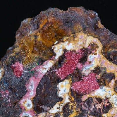 Cuprite var chalcotrichite in brilliant patches to 7 mm across. Wheal Pendarves, Camborne, Cornwall