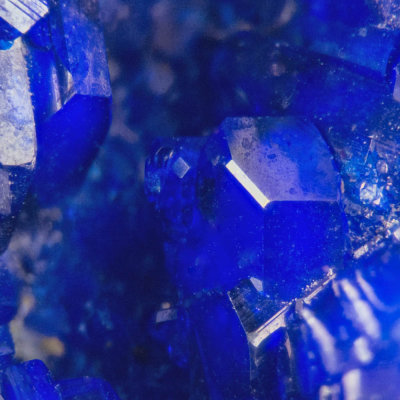 Detail of Penberthy Croft linarite crystals. Published specimen.