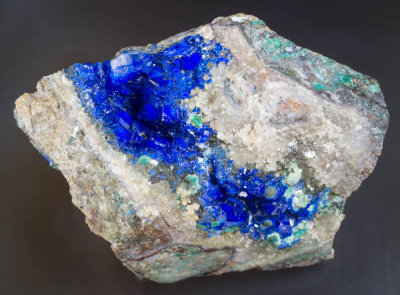 Linarite crystals to 6 mm on 50 mm x 43 mm x 30 mm matrix. Penberthy Croft Mine, St Hilary, Mount's Bay District, Cornwall. 