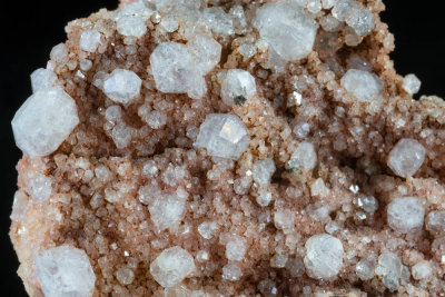 Analcime crystals to 1 cm on calcite druse, 7 cm matrix, Croft Quarry, Croft, Blaby, Leicestershire