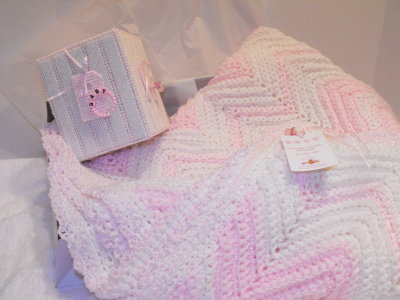 Pink & White Baby Blanket 40 x 50 $60.00 matching Tissue Box $20.00