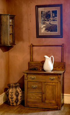 Pitcher and Apache basket in bedroom used by Teddy Roosevelt in John Hubbell's home, Hubbell Trading Post, Ganado, AZ