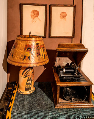 Hopi Lamp, Thomas Edison's Phonograph, and Paiute Indian Portraits by E. A. Burbank at John Hubbell's home, Ganado, AZ