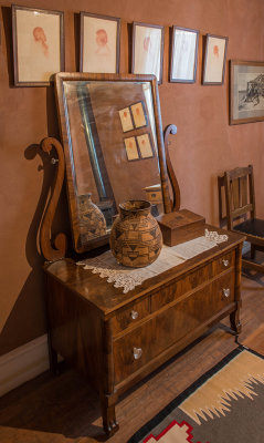 Dresser with Apache basket, bedroom at John Hubbell's home, Hubbell Trading Post, Ganado