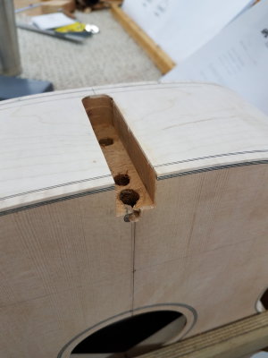 Mortise cut into body and holes drilled to attach neck